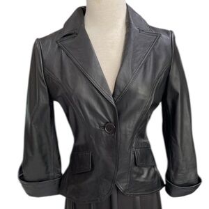 Black Hip Length Lambskin Leather Blazer/Jacket with 3/4 Sleeves